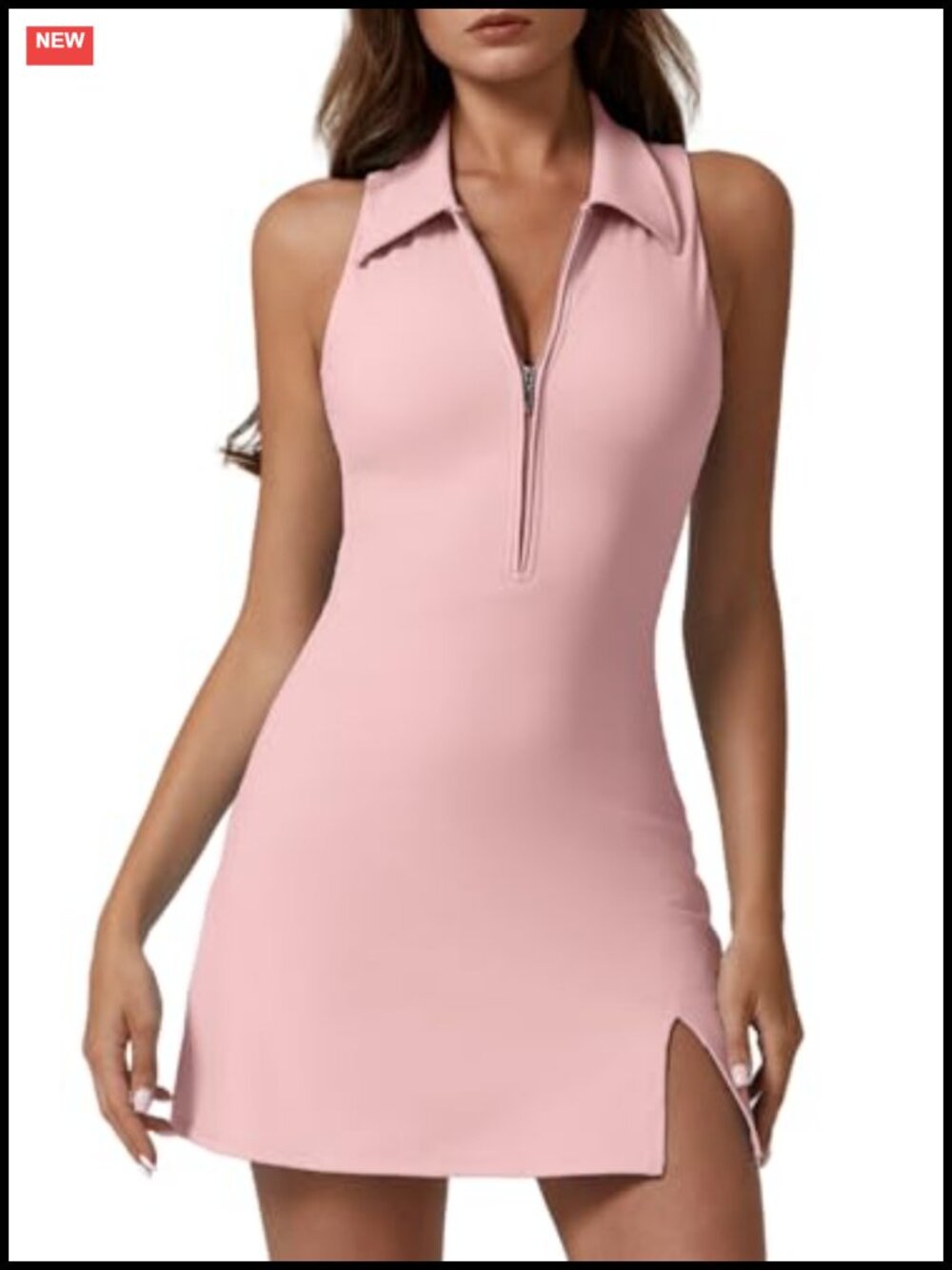 QINSEN Zip Front Tennis Dress Polo Collar Racer Back Built in Shorts Pockets